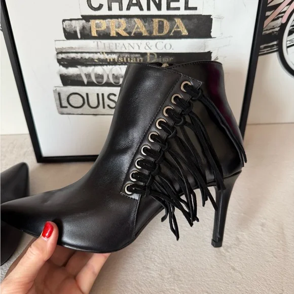 New Black Leather Fringe Pointed Toe Stiletto Heel Boots with Zipper - Picture 4 of 13